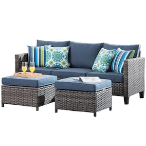 Megon Holly Gray 3-Piece Wicker Outdoor Patio Conversation Seating Sofa Set with Denim Blue Cushions