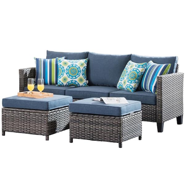 XIZZI Megon Holly Gray 3-Piece Wicker Outdoor Patio Conversation Seating Sofa Set with Denim Blue Cushions