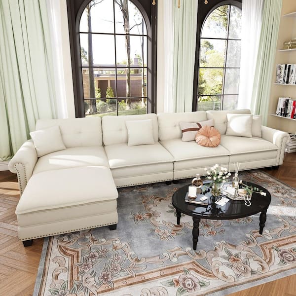 149.6 in. 5-Seat L-Shaped Chenille Modular Sectional Sofa in. Beige with Throw Pillows and Ottoman