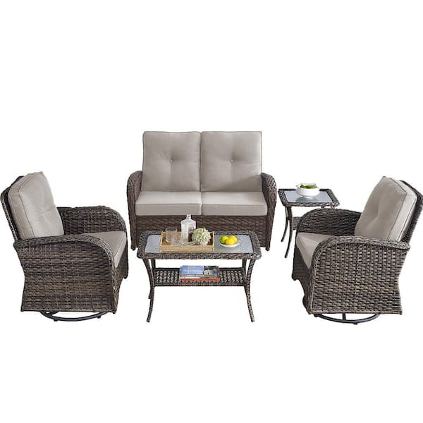 5-Piece Wicker Patio Conversation Set with Beige Cushions