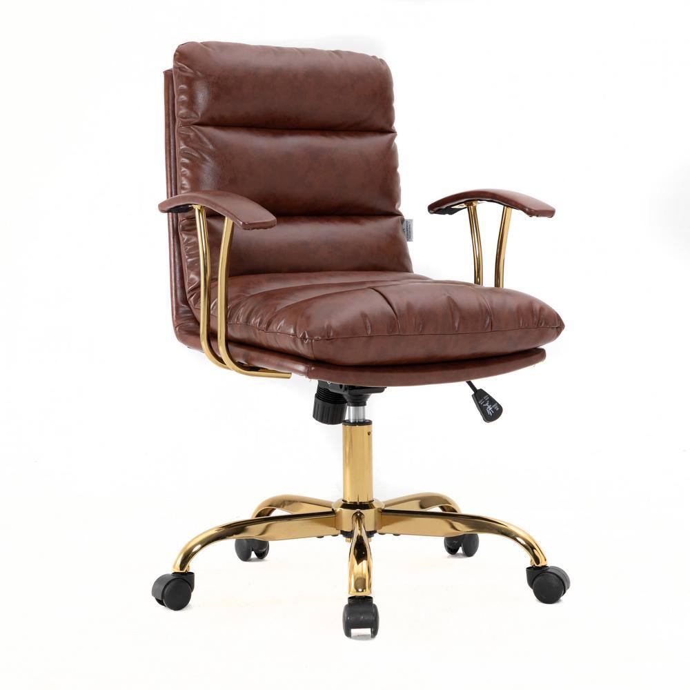 Walnut Brown Leather Executive Swivel Office Chair with Gold Base