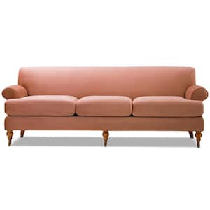 Alana 88 in. Rolled Arm Lawson French Country Velvet Three-Cushion Tightback Sofa Couch w/ Metal Casters in Peach Orange