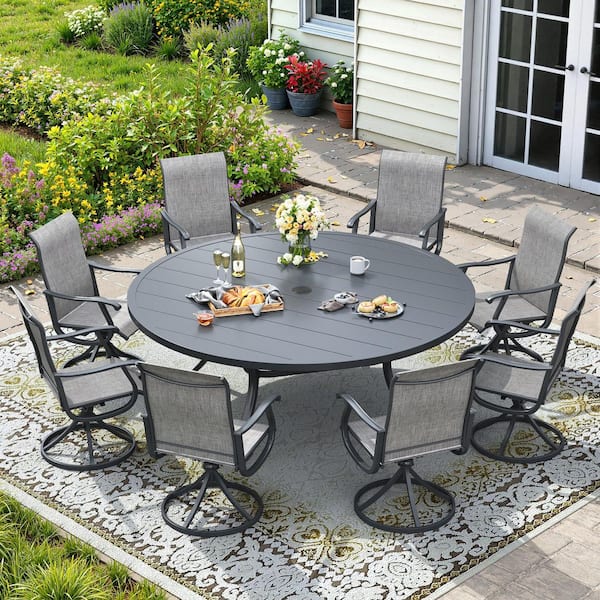 9 Pieces Metal Outdoor Patio Dining Set with 60 in. Grey Round Dining Table and 8 Grey Textilene Swivel Dining Chairs