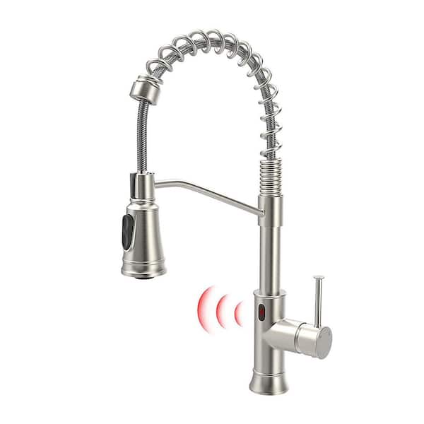 matrix decor Single Handle Touchless Deck Mount Gooseneck Pull Down Sprayer Kitchen Faucet with Handles in Brushed Nickel