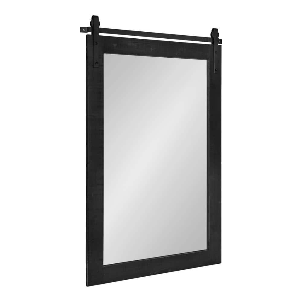Rustic Farmhouse 42.5" Black Wood Wall Mirror with Iron Bar