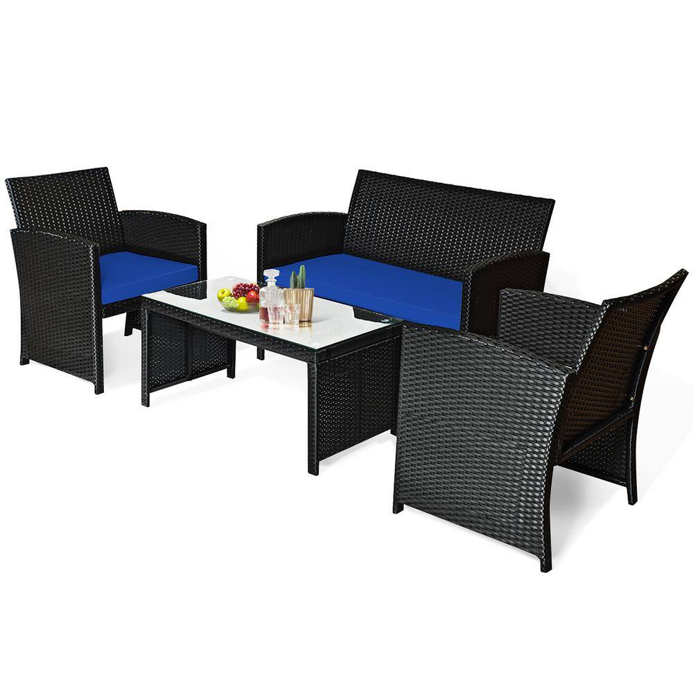 Navy Cushioned 4-Piece Black Rattan Patio Conversation Set