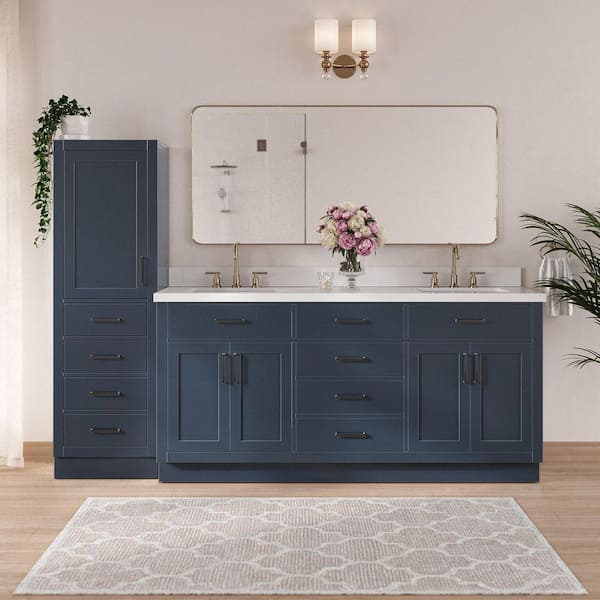 Hepburn 2-Piece Set 72 in Double Sink Bathroom Vanity and Linen Cabinet with Pure White Quartz Top in Blue