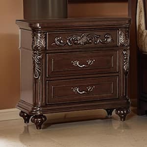 17 in. Brown 3 Drawer Engraved Wooden Nightstand