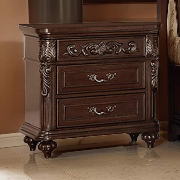 Benjara 17 in. Brown 3 Drawer Engraved Wooden Nightstand