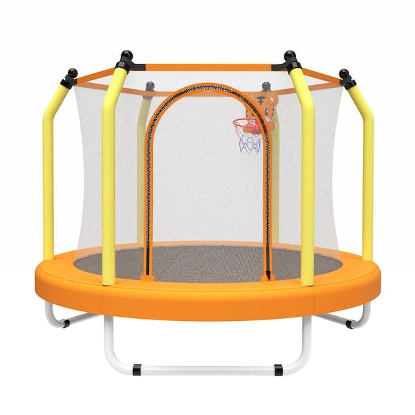 Yellow Steel 55 in. Trampoline for Kids Indoor and Outdoor Small Toddler Trampoline with Basketball Hoop