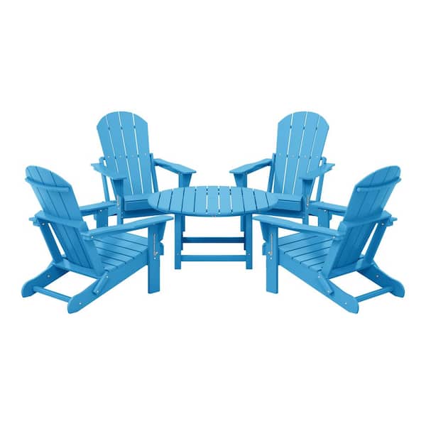 Laguna Pacific Blue Fade Resistant 5-PC Plastic Adirondack Chair Outdoor Patio Conversation Set With Round Coffee Table