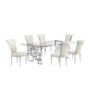 Dominga 7-Piece Rectangular Glass Top Stainless Steel Base Dining Set Seat Capacity 6 Cream Velvet Fabric