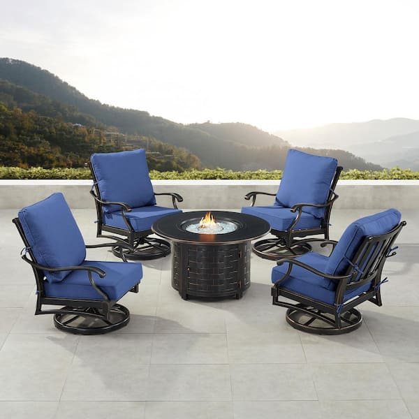Oakland Living Black 5-Piece Aluminum Patio Fire Pit Set with Blue Cushions