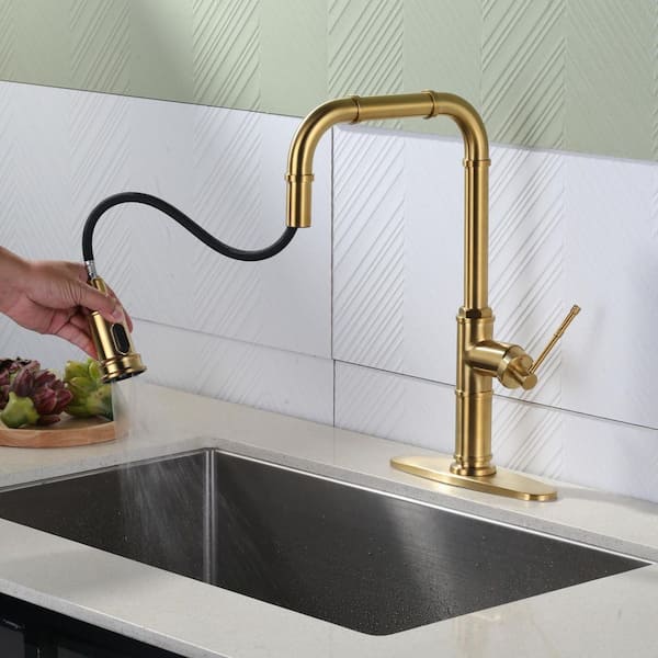 Single Handle 17.9 in. H Pull Down Sprayer Kitchen Faucet with 360° Spout Swivel and 3-Mode Spray in Gold