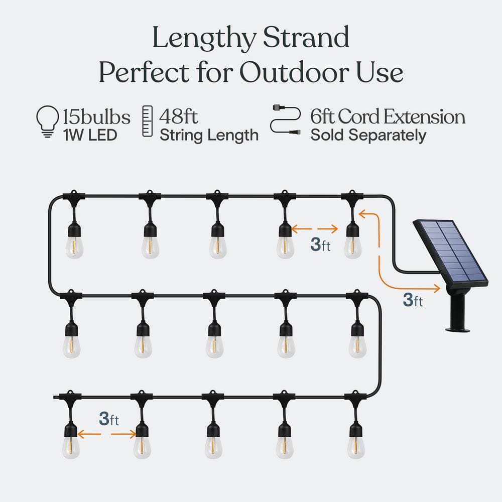 48 ft Warm White Solar Powered Outdoor LED String Lights