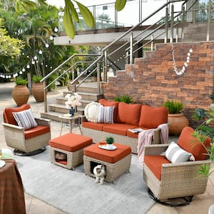 Aphrodite 6-Piece Wicker Patio Conversation Seating Sofa Set with Orange Red Cushions and Swivel Rocking Chairs