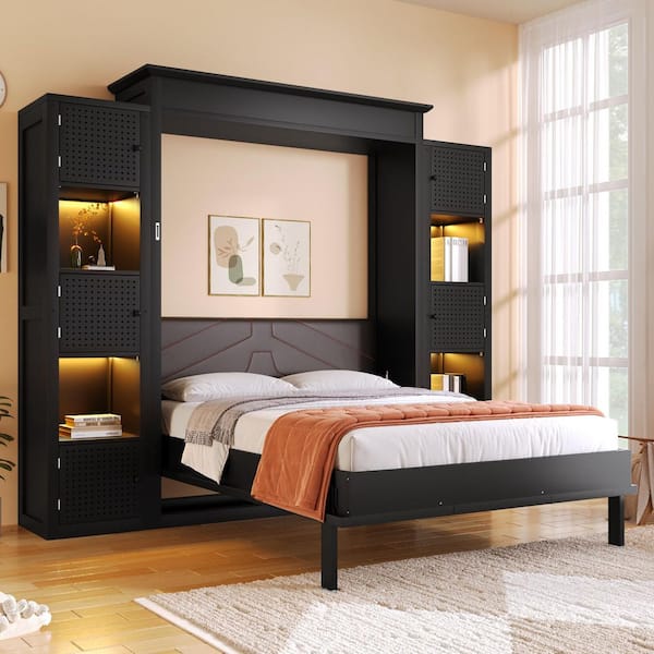 Black Wood Frame Queen Murphy Bed with Built-in LED Lighting, Storage Shelves, Cabinets, Padded PU Upholstered Headboard