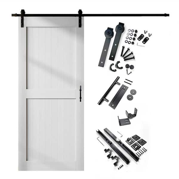48 in. x 84 in. H-Frame White Solid Pine Wood Interior Sliding Barn Door with Hardware Kit, Non-Bypass