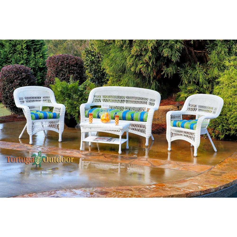 Portside 4pc White Wicker Patio Furniture Seating Set with Haliwell Cushion