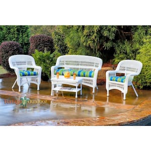 Portside White 4-Piece Wicker Patio Seating Set with Haliwell Caribbean Cushions