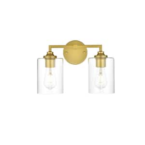 Simply Living 14 in. 2-Light Modern Brass Vanity Light with Clear Cylinder Shade