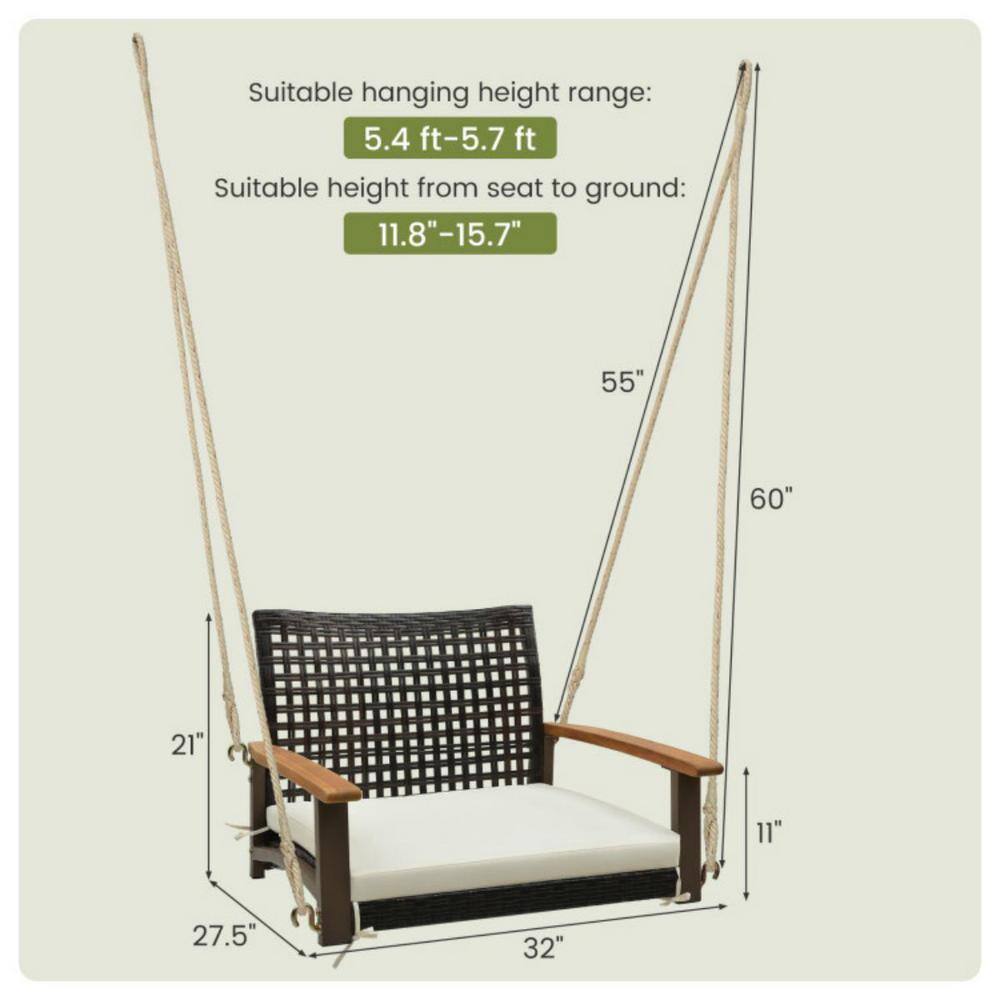 Single Off-White Rattan Porch Swing with Acacia Wood Armrests
