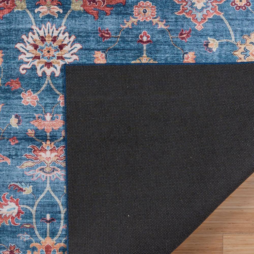 Cullen Blue Floral Border Washable Polyester Area Rug, 5' x 7'