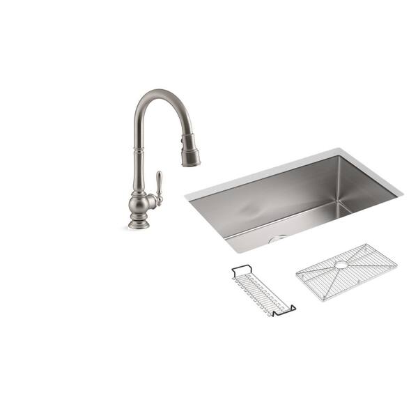 KOHLER Strive All-in-One Undermount Stainless Steel 29 in. Single Bowl Kitchen Sink with Artifacts Faucet in Stainless Steel