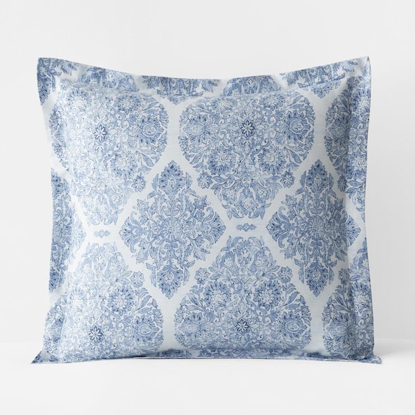 The Company Store Legends Luxury Royal Damask Cotton Blue/White Sateen Euro Sham