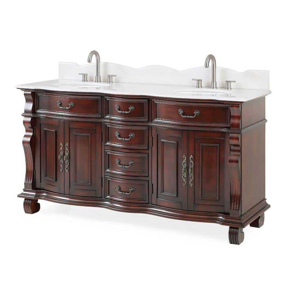 Cherry Brown Double Sink Bathroom Vanity with White Marble Top