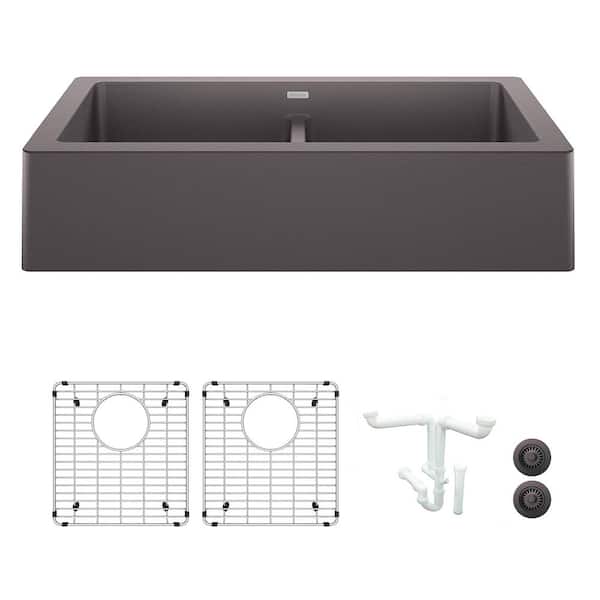 Vintera 33 in. Farmhouse/Apron-Front Double Bowl Cinder Granite Composite Kitchen Sink Kit with Accessories