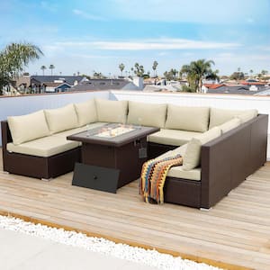 9 Pieces Large Size Espresso Wicker Patio Conversation Deep Seating Sectional Sofa Set with Fire Pit and Beige Cushions