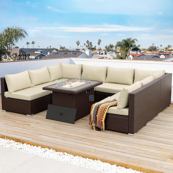 NICESOUL 9 Pieces Large Size Espresso Wicker Patio Conversation Deep Seating Sectional Sofa Set with Fire Pit and Beige Cushions