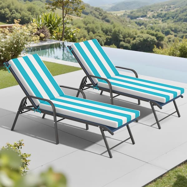 2-Piece Metal Adjustable Outdoor Chaise Lounge in Navy with Patio Chaise Lounge Cushions in Blue and White Stripe