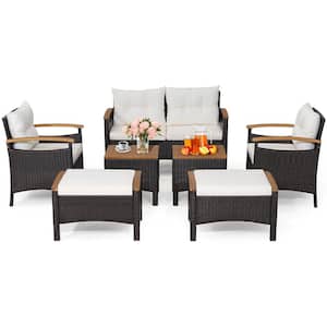 7-Piece Wicker Rattan Patio Conversation Set with Acacia Wood Tabletop and Off White Cushions