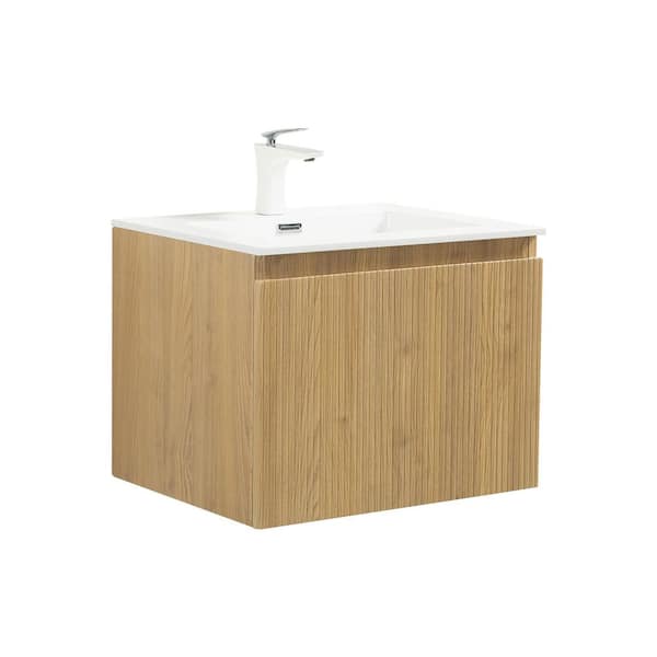 WY 23.6 in. W x 18.9 in. D Single Sink Floating Bath Vanity in Yellow Oak Wood Finish with White Resin Top