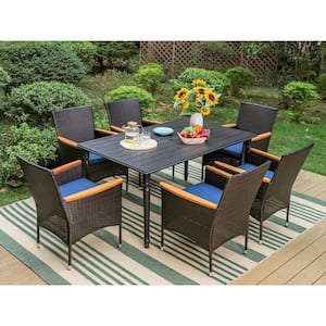 Black 7-Piece Metal Patio Outdoor Dining Set with Slat Rectangle Table and Rattan Chairs with Blue Cushion