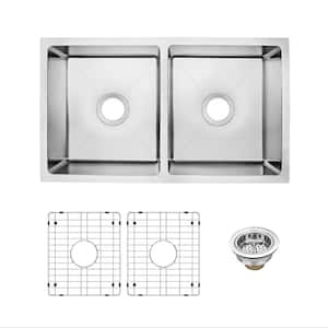 31 in. Tiny Radius Undermount 50/50 Double Bowl 18 Gauge Stainless Steel Kitchen Sink with Bottom Grids