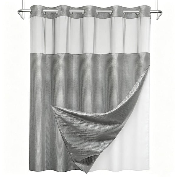 71 in. W x 74 in. L Fabric Shower Curtain with Removable Waterproof Snap Liner and Mesh Window in Grey (1 Piece)