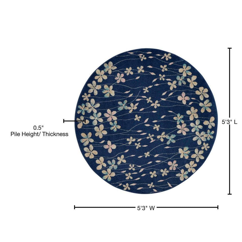 Handmade Navy Floral Viscose Round Area Rug, 63" Diameter
