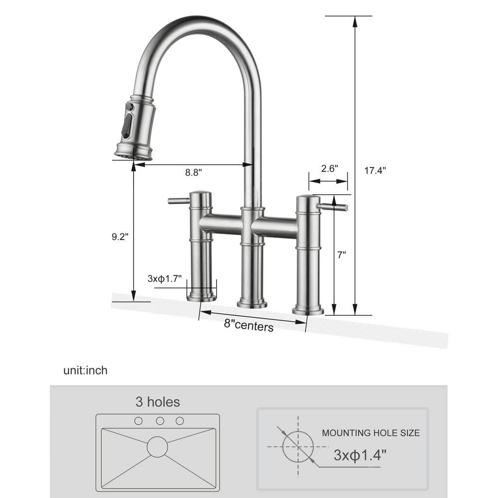 Brushed Nickel Double Handle Bridge Kitchen Faucet with Pull Down Sprayer