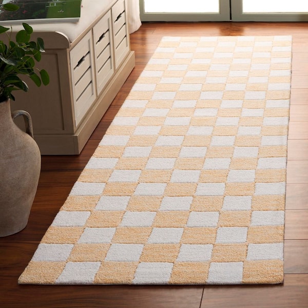 Ebony 2 ft. x 8 ft. Gold/Ivory Checkered Geometric Runner Rug
