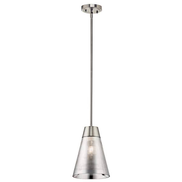 KICHLER Rowland 1-Light Brushed Nickel Contemporary Shaded Kitchen Mini Pendant Hanging Light with Striated Mirrored Glass