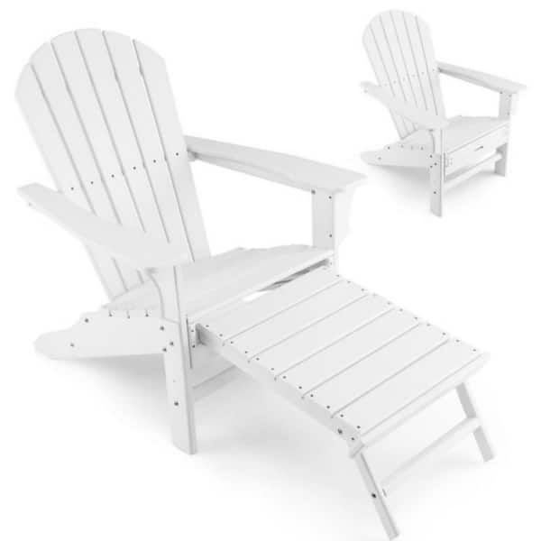 Clihome White HDPE Patio Adirondack Chair Set of 1 with Retractable Ottoman