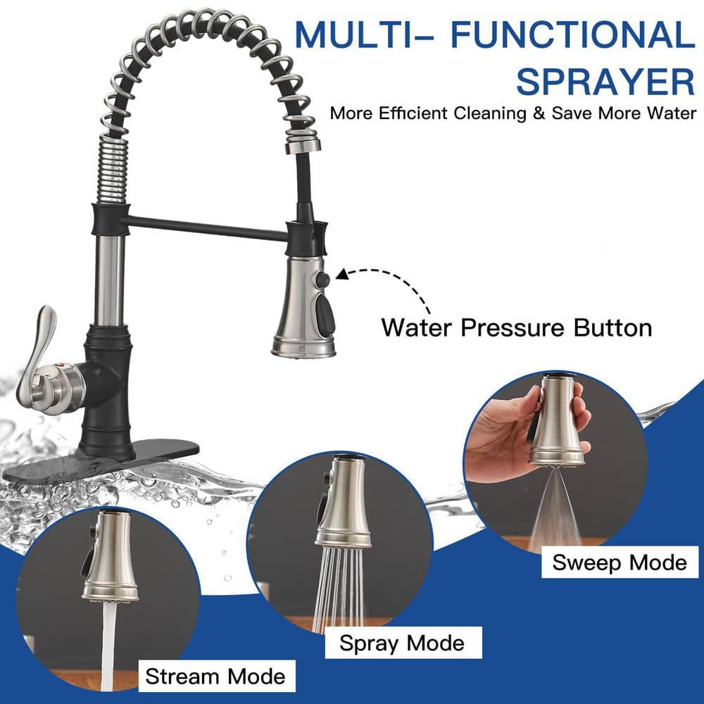Brushed Nickel and Black Pull-Down Kitchen Faucet with Deck Plate