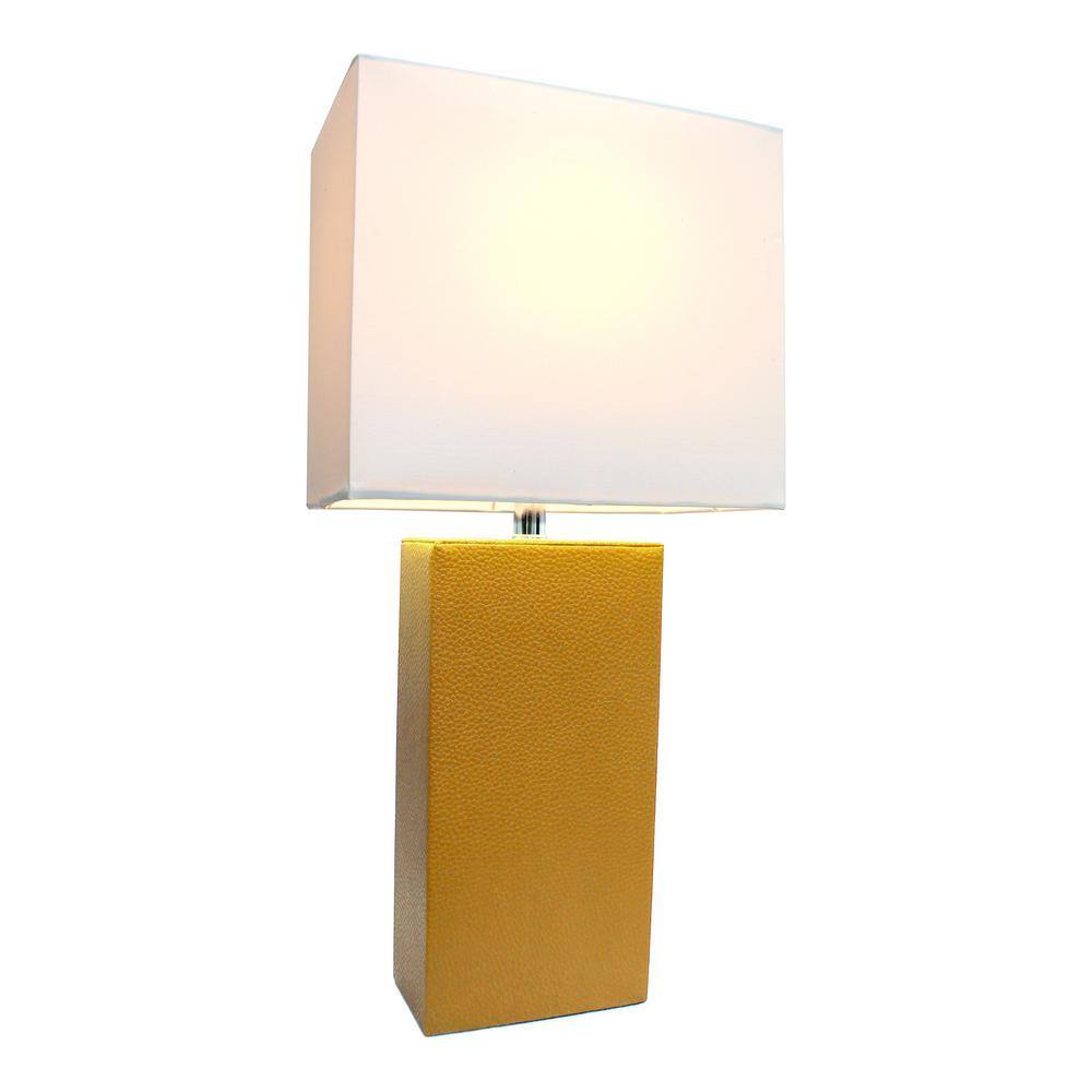 Tan Leather Wrapped Table Lamp with White Shade and LED Bulb
