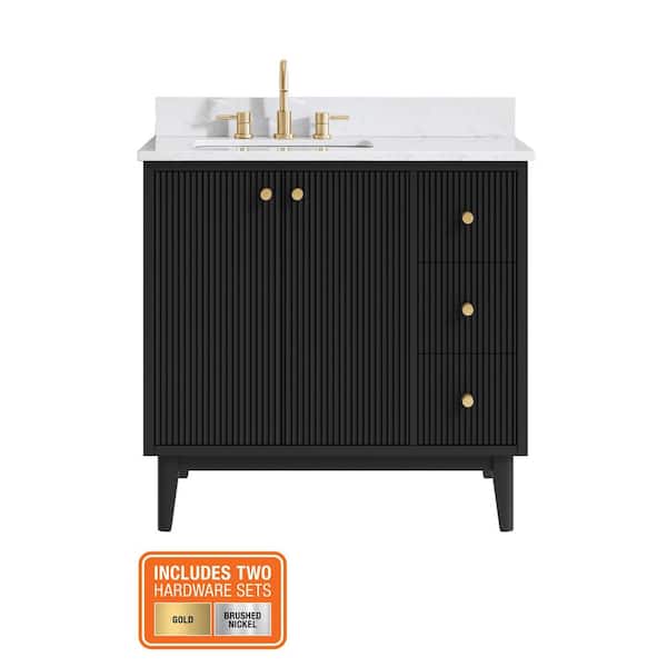 Sylvie 36 in. Single Sink Fluted Black Bathroom Vanity with Carrara Venato Engineered Stone Top (Assembled)