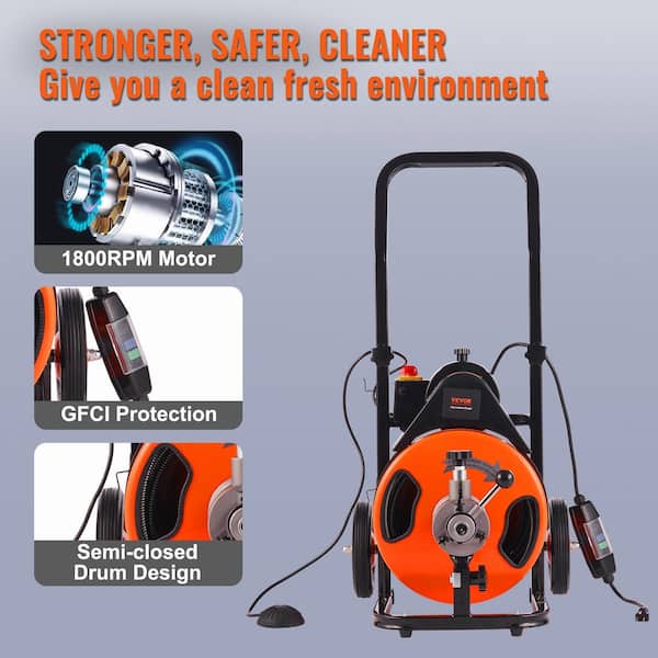 Drain Cleaning Machine 100 ft. x 1/2 in. Drain Auger Cleaner Auto Feed with  Sewer Snake 4 Cutter for 1 in. to 4 in. Pipe