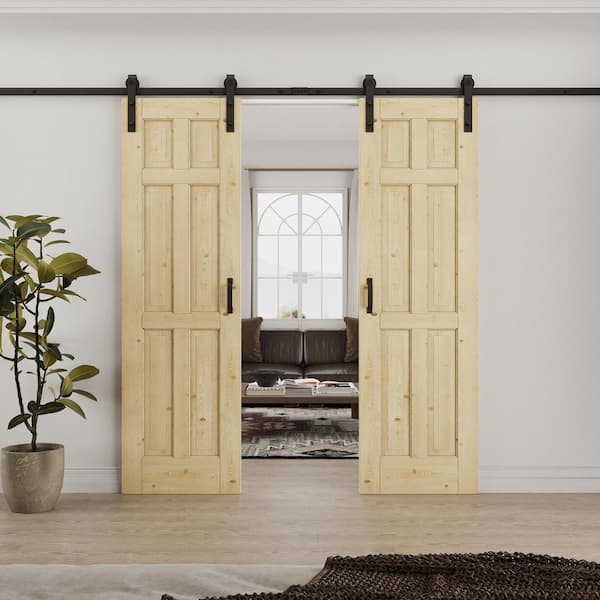 48 in. x 80 in. (Double 24 in. ) 6-Panel Unfinished Solid Core Pine Wood Sliding Barn Door with Hardware Kit