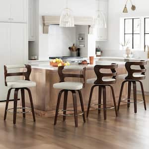 Arabela 26 in. Beige Gray Solid Wood Swivel Bar Stool Faux Leather Kitchen Counter Stool with Walnut Frame Set of 4